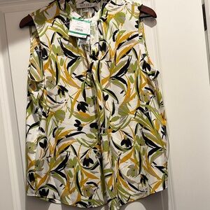 Kasper White Floral-Print Sleeveless Shell with Green & Yellow Leaves